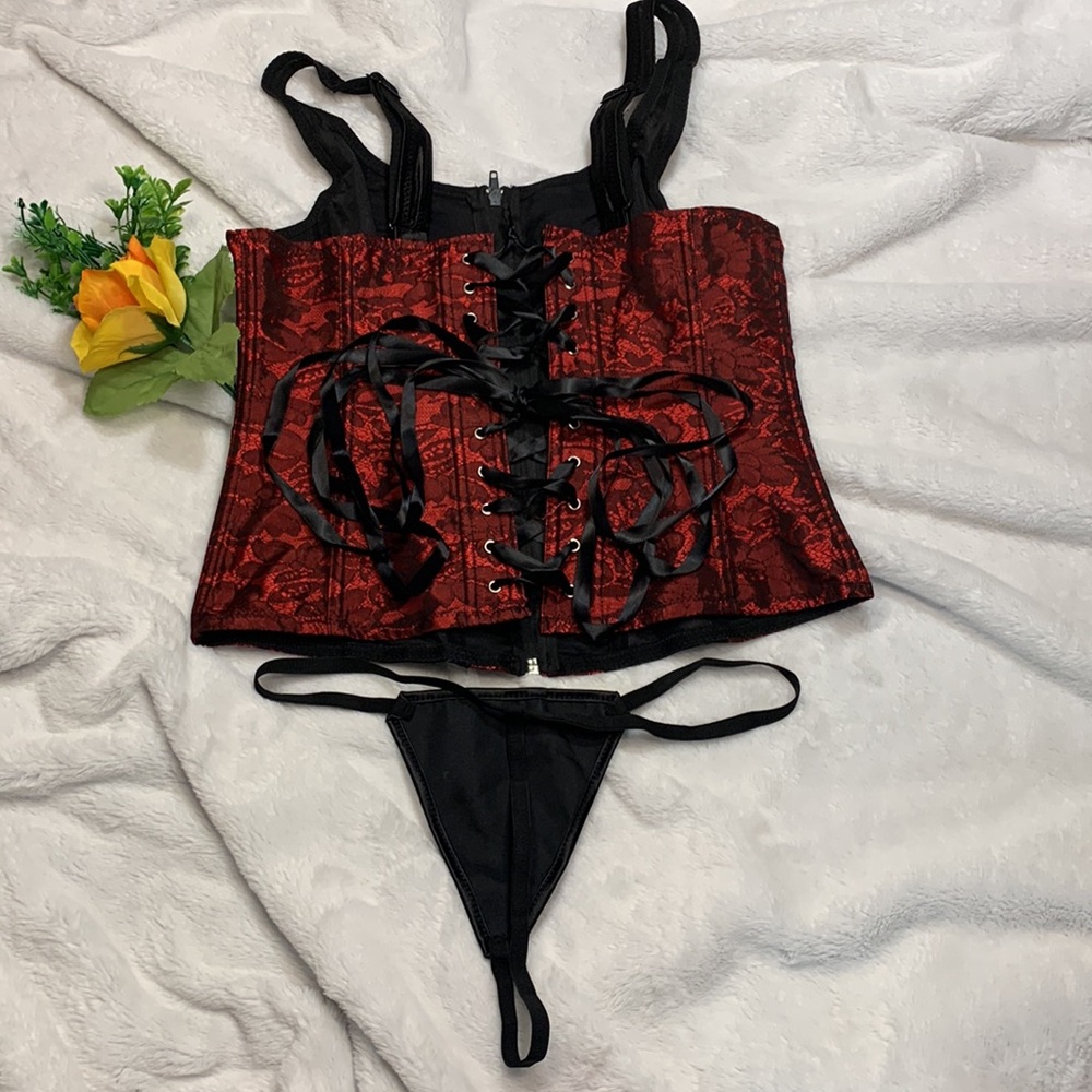 🌹 NEW RED SEXY BONED LACE UP CORSET AND BUSTIERS TOP OVERBUST SHAPER & THONG